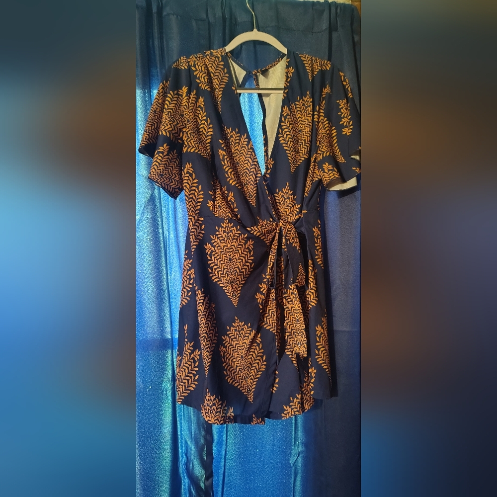 Navy and Orange Patterned Wrap Romper